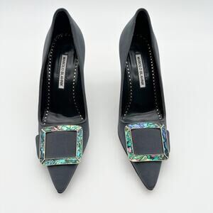 Manolo Blahnik Buckle Pump Heels Shoes Maysale Blue Grey Enamel Pointed Toe 37.5